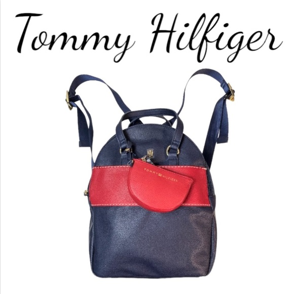 NWT Tommy Hilfiger Red & Blue Medium Backpack With Pouch - Picture 1 of 16